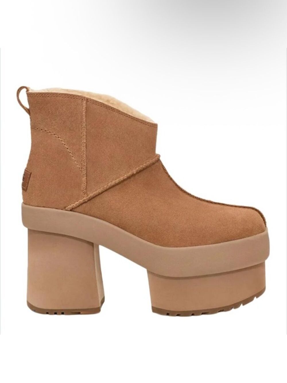 NWOT Ugg New Heights Platform Heeled Mini Tan Suede Platform Ankle Boots 9
